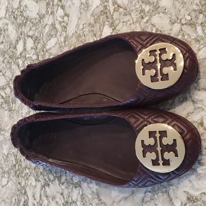 Tory Burch Deep Burgundy Loafers with Gold Emblem